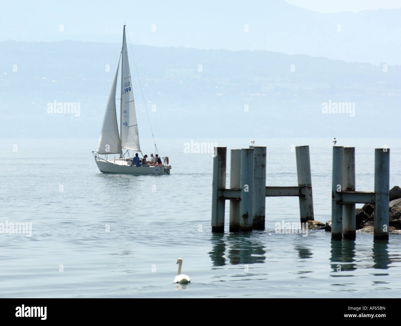 Yacht leaving Lausanne, Lake Geneva, Lac Leman, Vaud, Switzerland Stock Photo Alamy