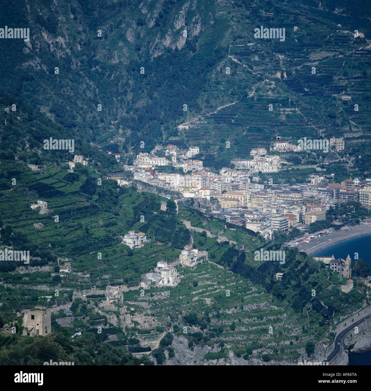 Terraced farmland on the Mediterranean coast surrounding Amalfi Italy Stock Photo