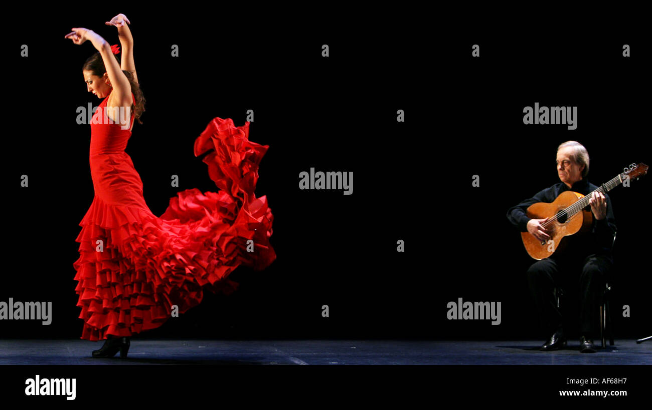 A Spanish flamenco dancer and guitarist Paco Peña perform at Sadler´s Wells Theatre, London, 25 April 2006. Stock Photo