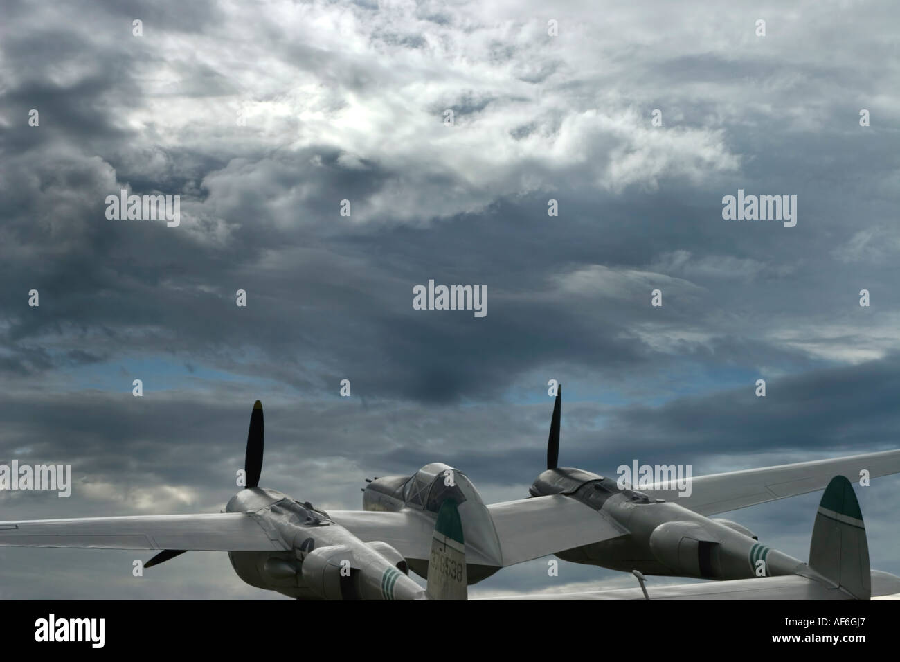 Aircraft P-38 flight thunderstorm Stock Photo