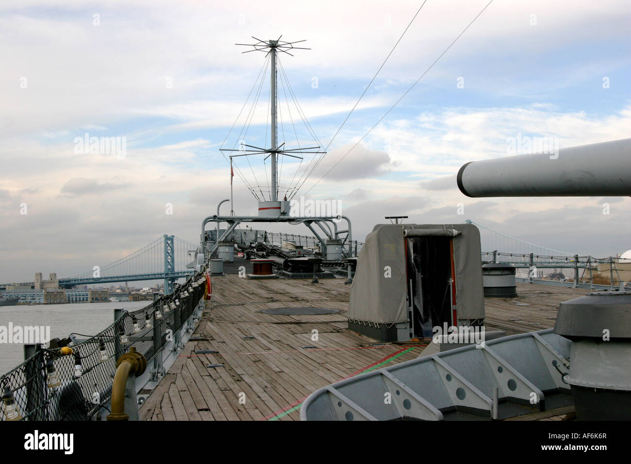 USS New Jersey BB 62 is one of the four battleships of the Iowa class view from of the front gun tower and deck Stock Photo