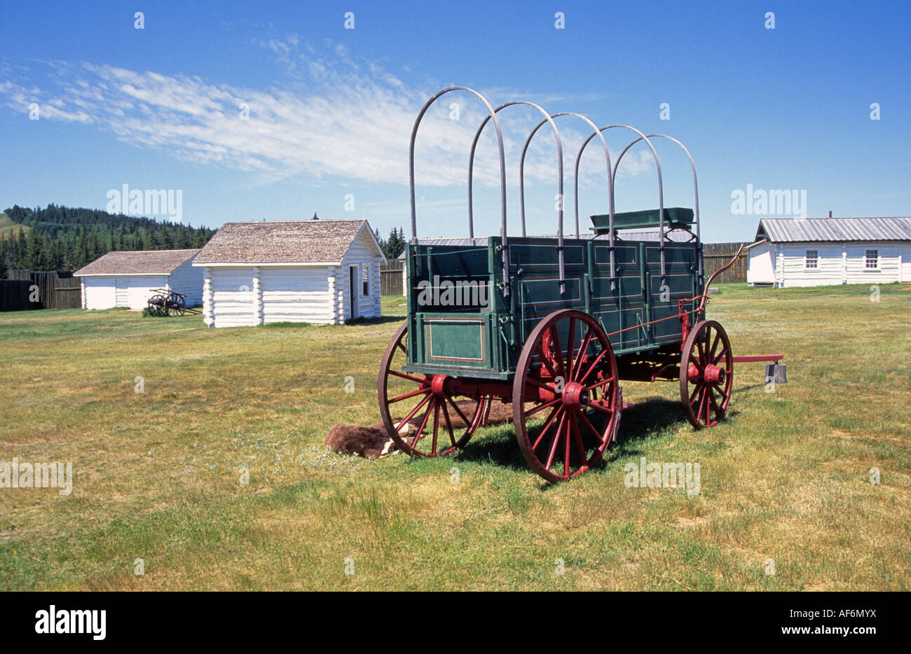 An old wagon at the headquarters of the U Bar Ranch a national historic site near Calgary, Alberta. Stock Photo