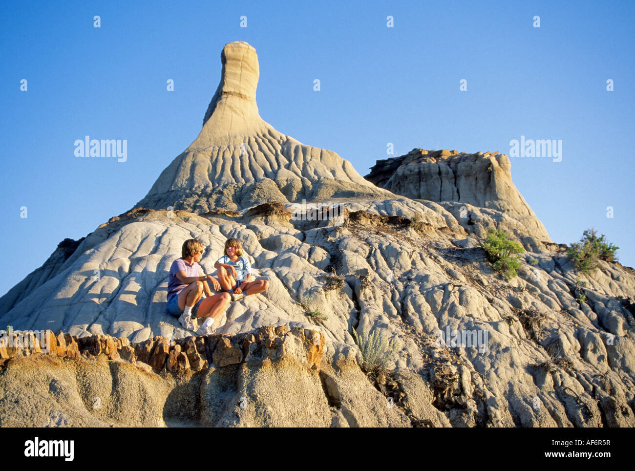 A view of the rugged and eroded desert landscape of Dinosaur Provincial Park, Alberta, Canada. Stock Photo