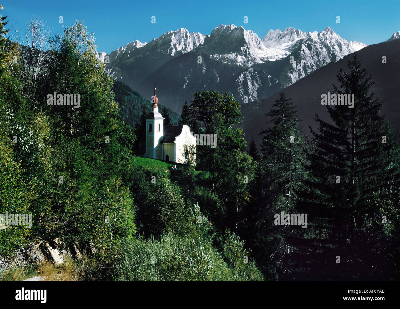 geography / travel, Austria, Tyrol, Prägraten am Grossvenediger, view towards the village, church, Virgen Valley, Maurerberge, Additional-Rights-Clearance-Info-Not-Available Stock Photo