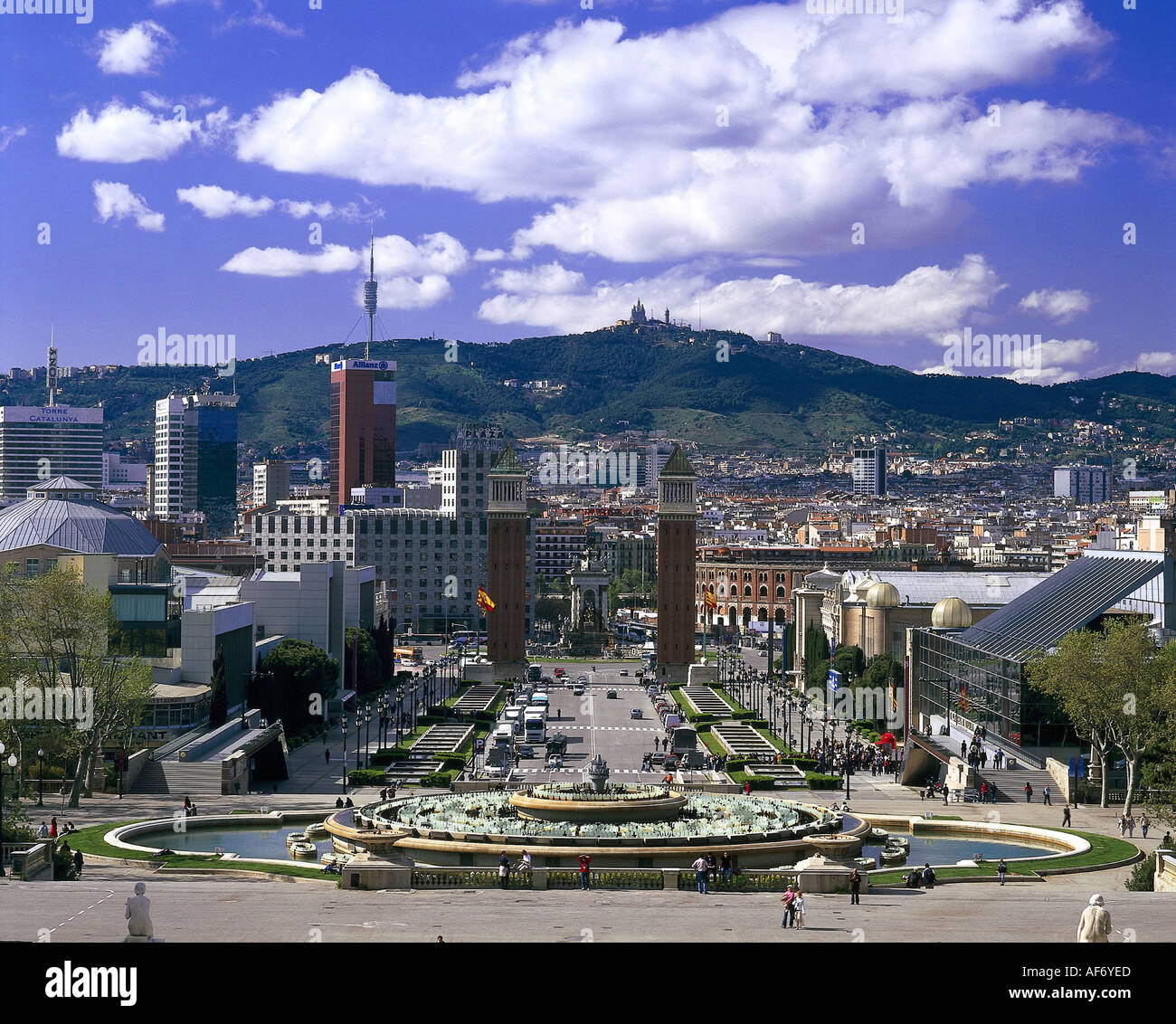 geography / travel, Spain, Barcelona, Placa d'Espanya, fountain and view from Palau Nacional towards the city, Additional-Rights-Clearance-Info-Not-Available Stock Photo