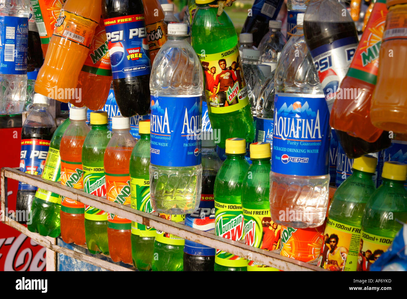 Plastic soft drinks bottles on stall, Delhi, India Stock Photo Alamy