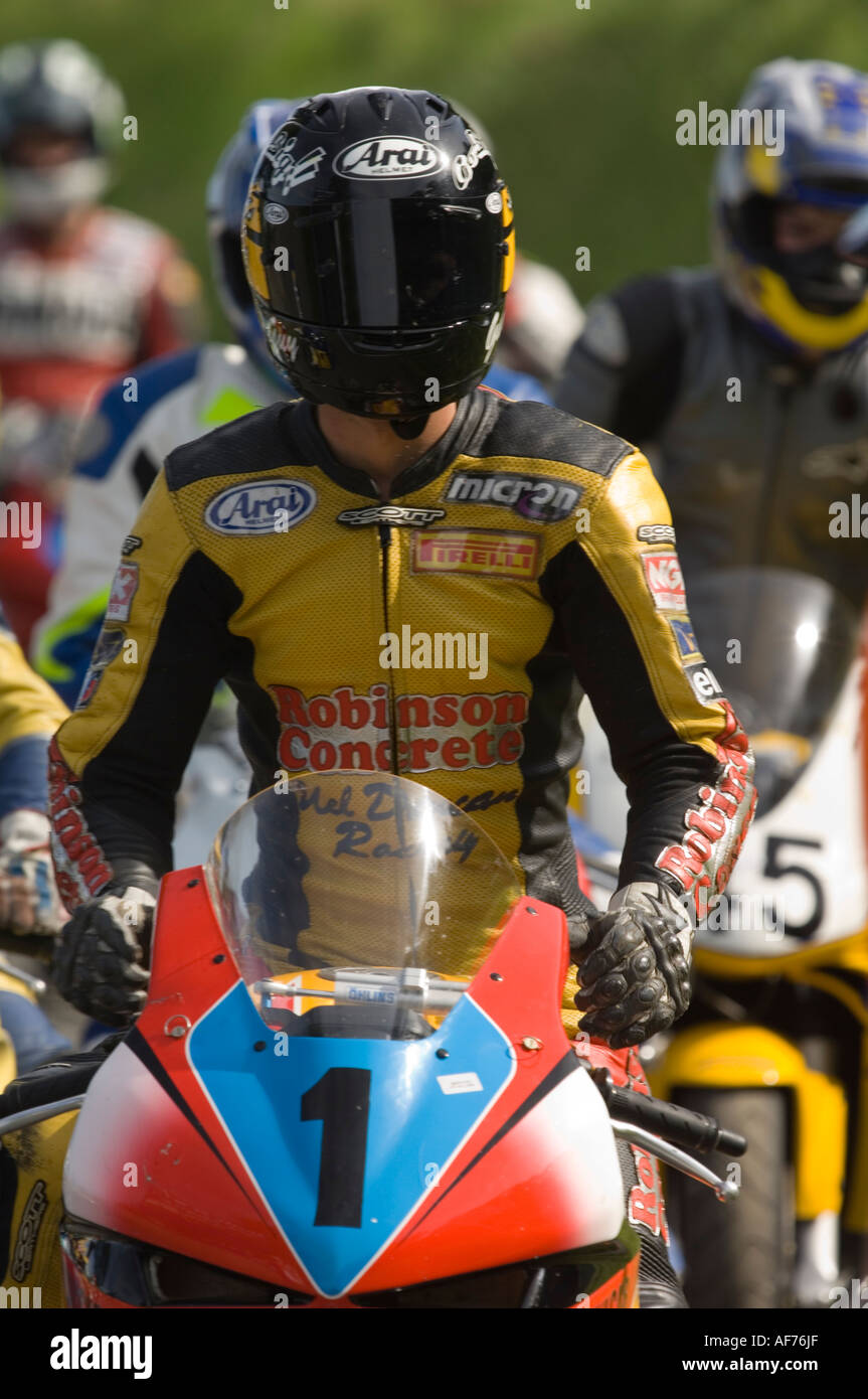 Guy Martin motorcycle racer and TV personality on the start line of the superbike race, England, UK, GB. Stock Photo