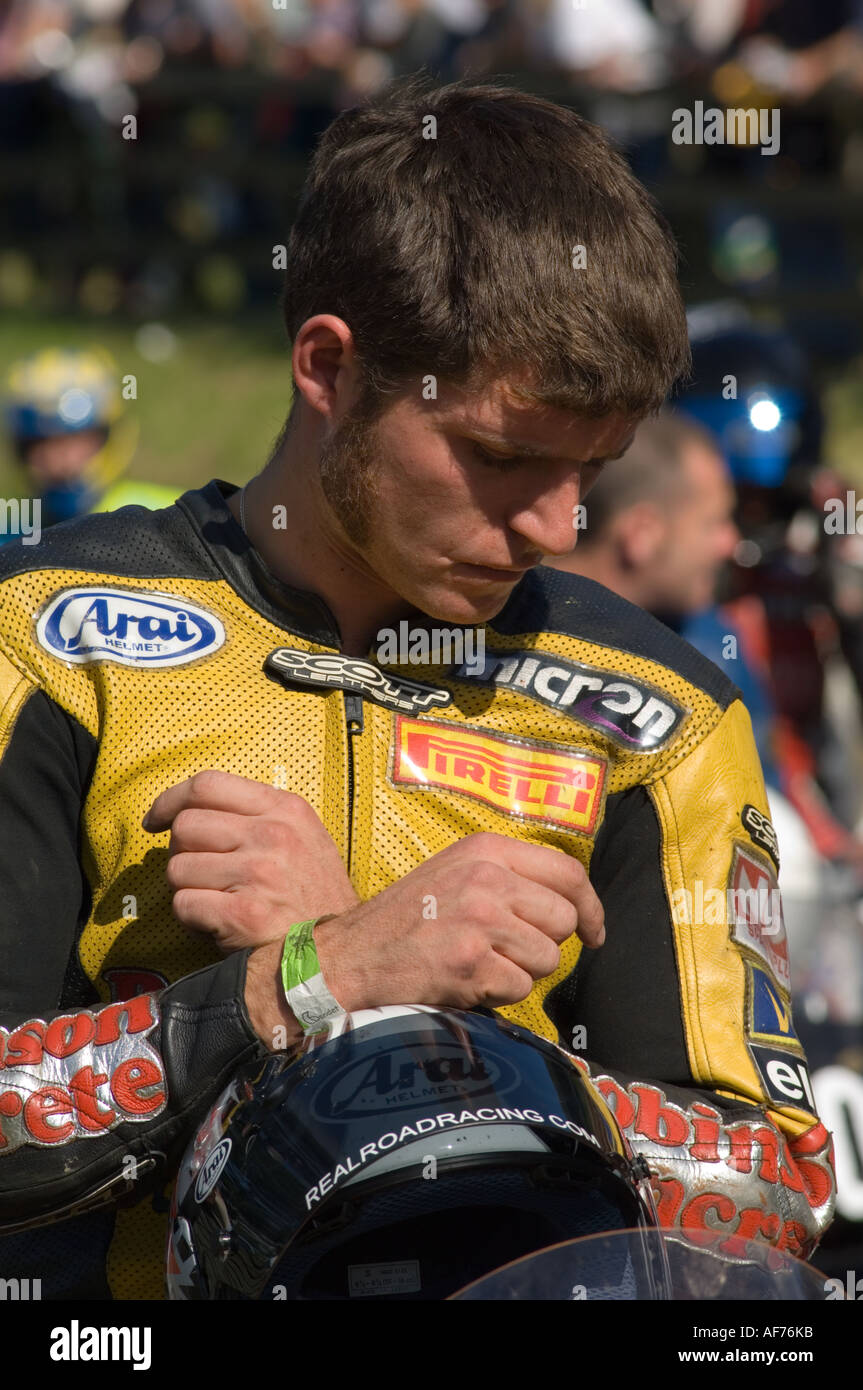 Guy Martin motorcycle racer and TV personality looking pensive before the start of the classic superbike race Stock Photo