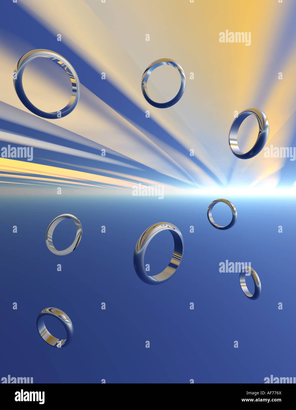 3d rendered image of 8 floating rings in various sizes on a reflective ...