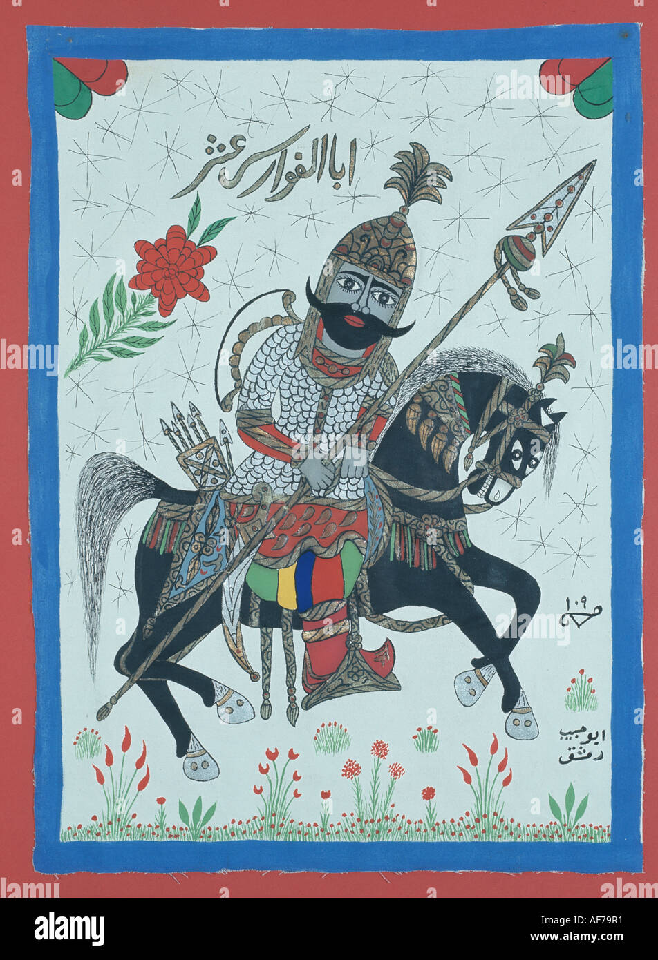 linen-painting-of-antar-knight-on-horseback-damascus-syria-stock