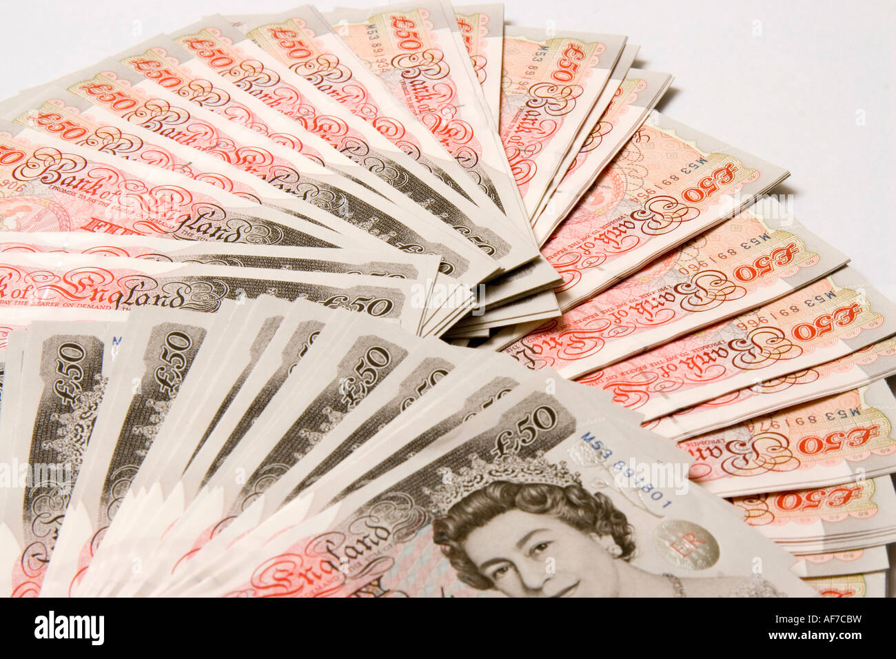 A fan of five thousand pounds in new fifty pound notes 5000 50 Stock Photo
