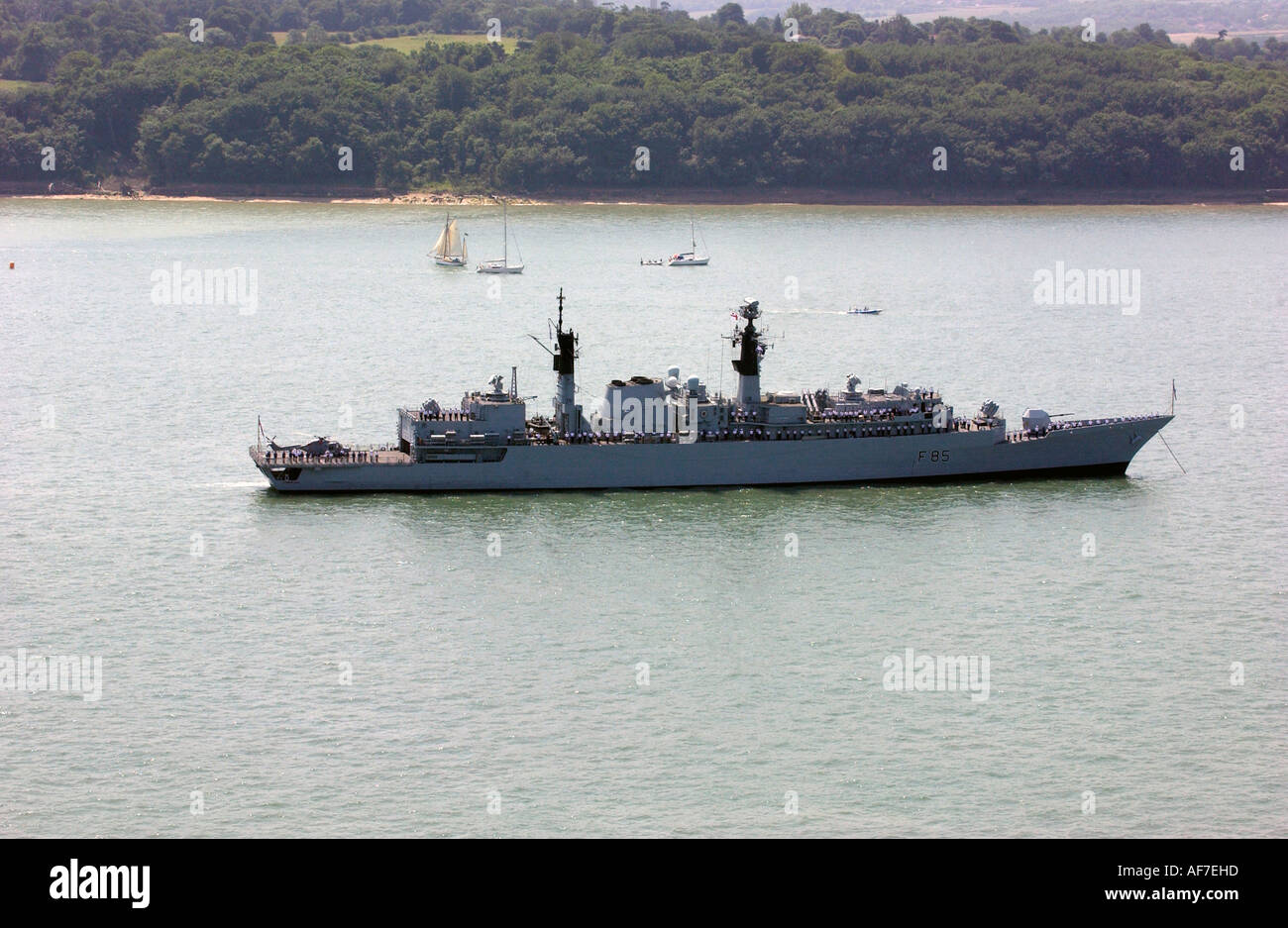 H.M.S. Cumberland F85 type 22 frigate at anchor in Spithead during Trafalgar Day review Stock Photo