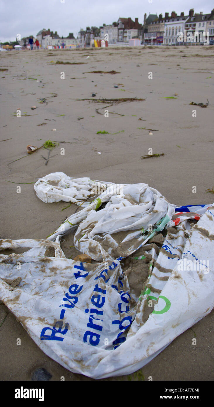 A Tesco plastic carrier bag washed up on Weymouth Beach Dorset The