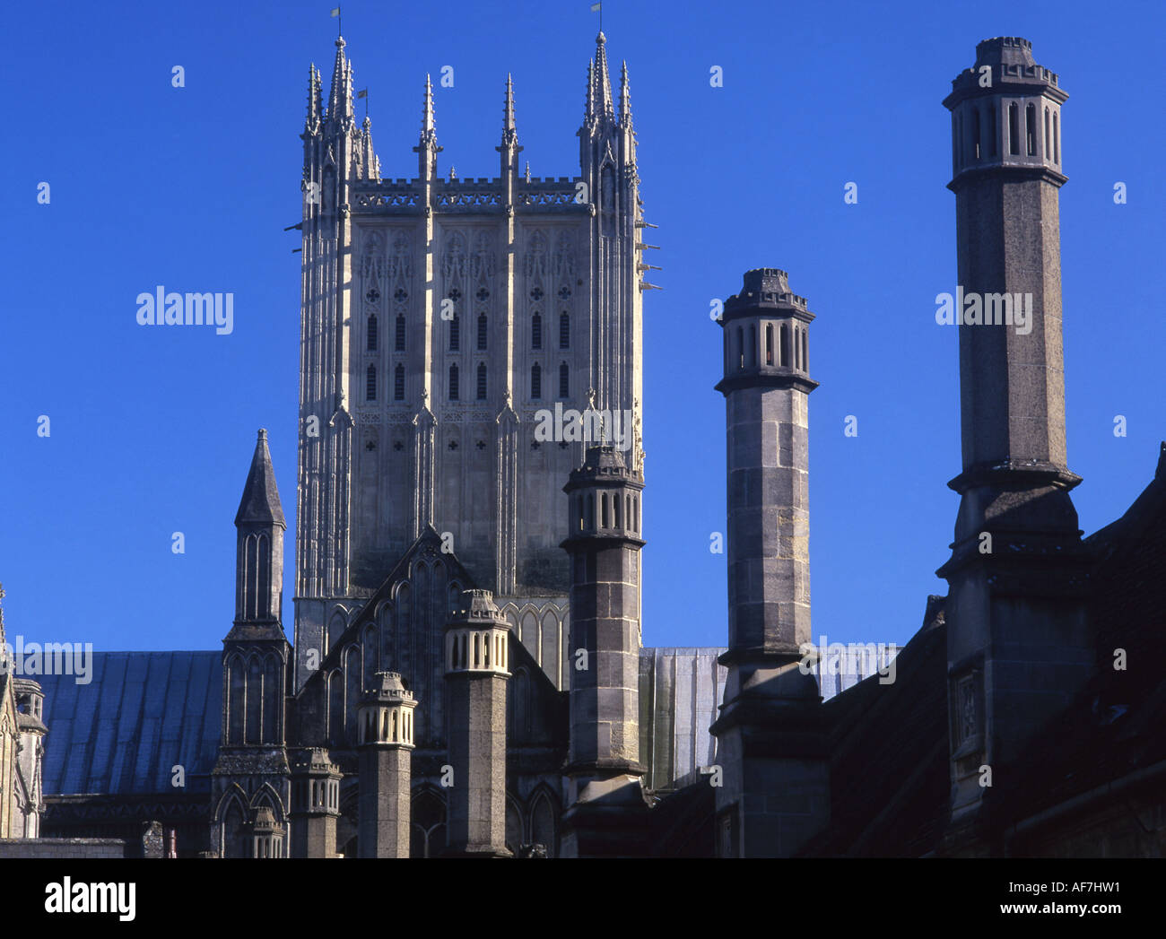 Wells Cathedral Central tower seen from Vicars Close Somerset England UK Stock Photo