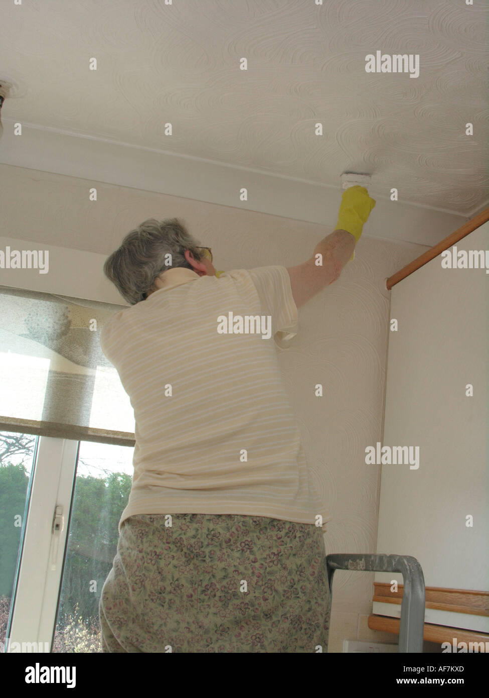 Elderly Woman Decorating And Painting The Ceiling With Paint Brush