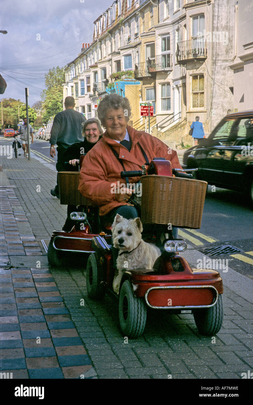 elderly women using electronic scooters for mobility in town with a dog on board Stock Photo