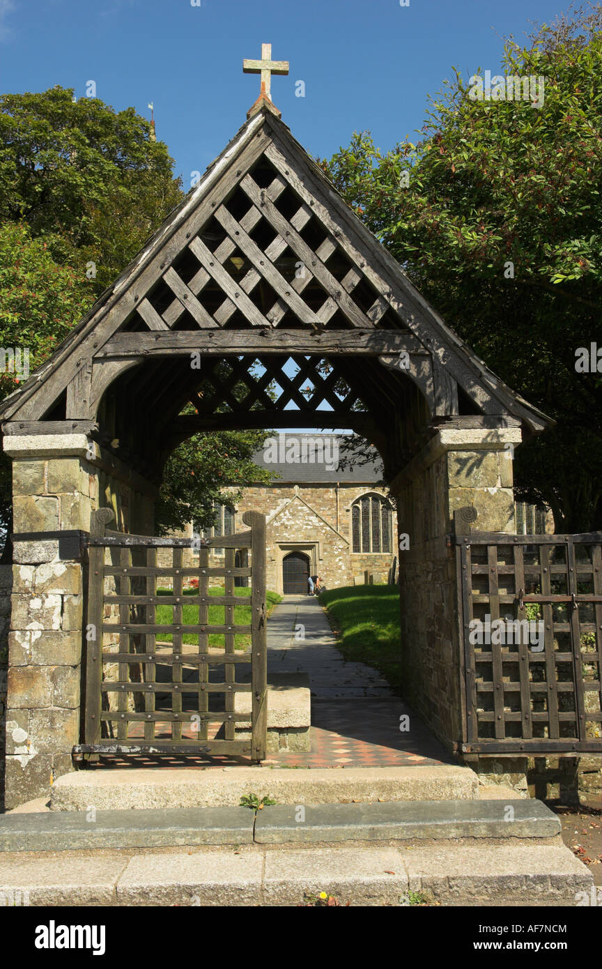 Traditional lych gate and Parish Church of St James Kilkhampton Cornwall England Stock Photo