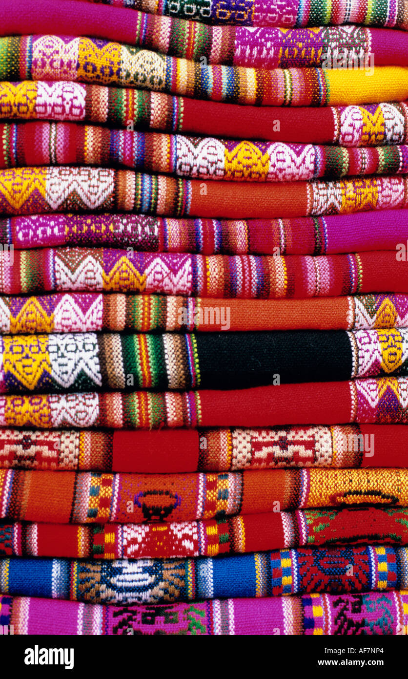 Textiles at Pisac market Peru Stock Photo