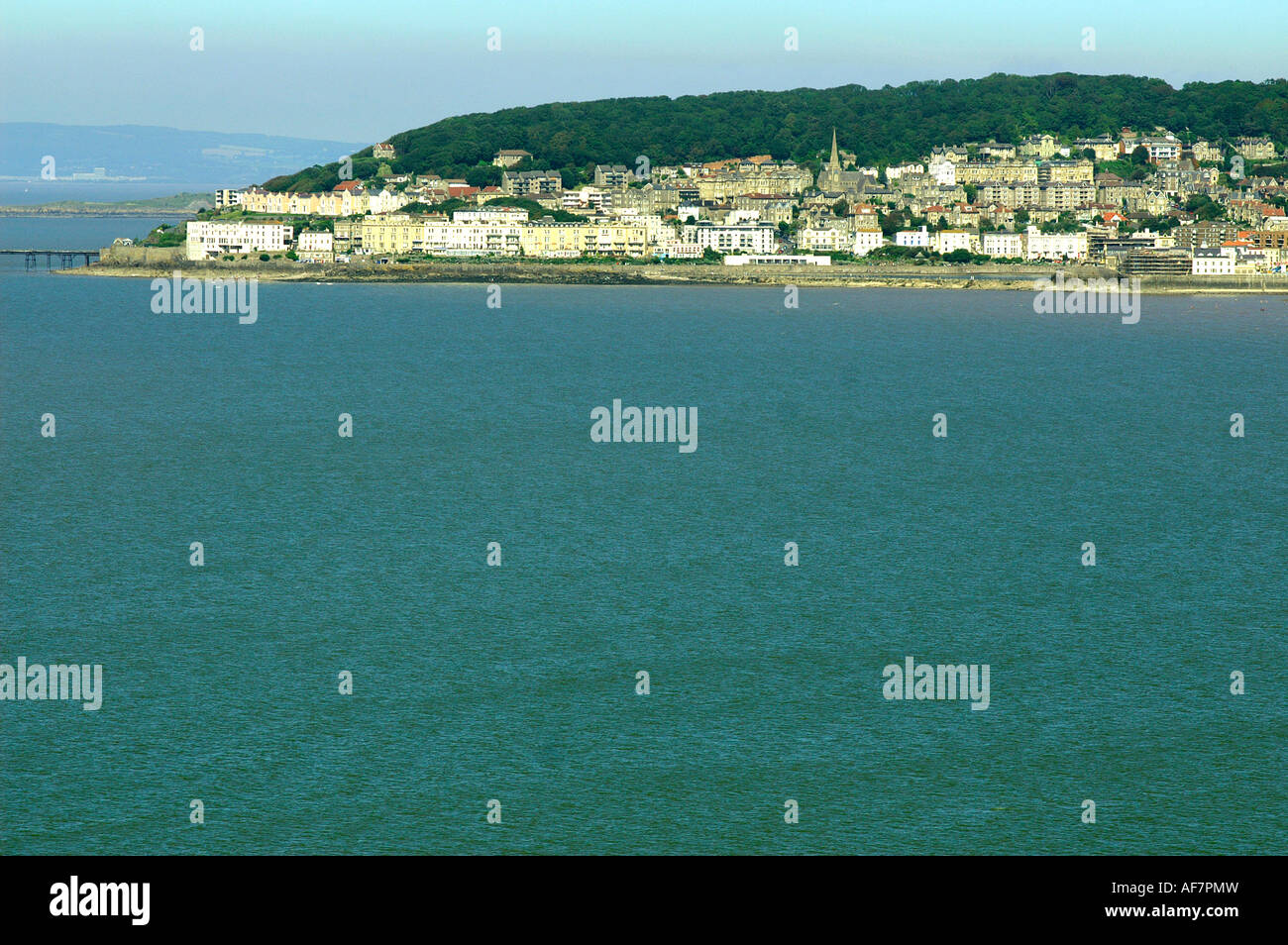 Weston Super Mare seafront, houses on the hillside, bay of Bristol Channel. England Stock Photo