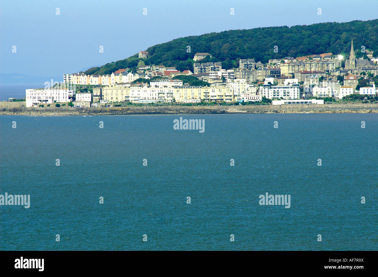 Weston Super Mare seafront, houses on the hillside, bay of Bristol Channel. England Stock Photo