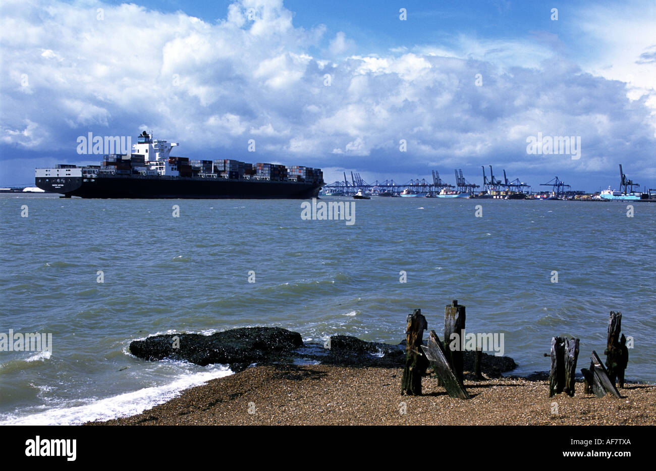 Container ship arriving at the Port of Felixstowe in Suffolk, UK. Stock Photo