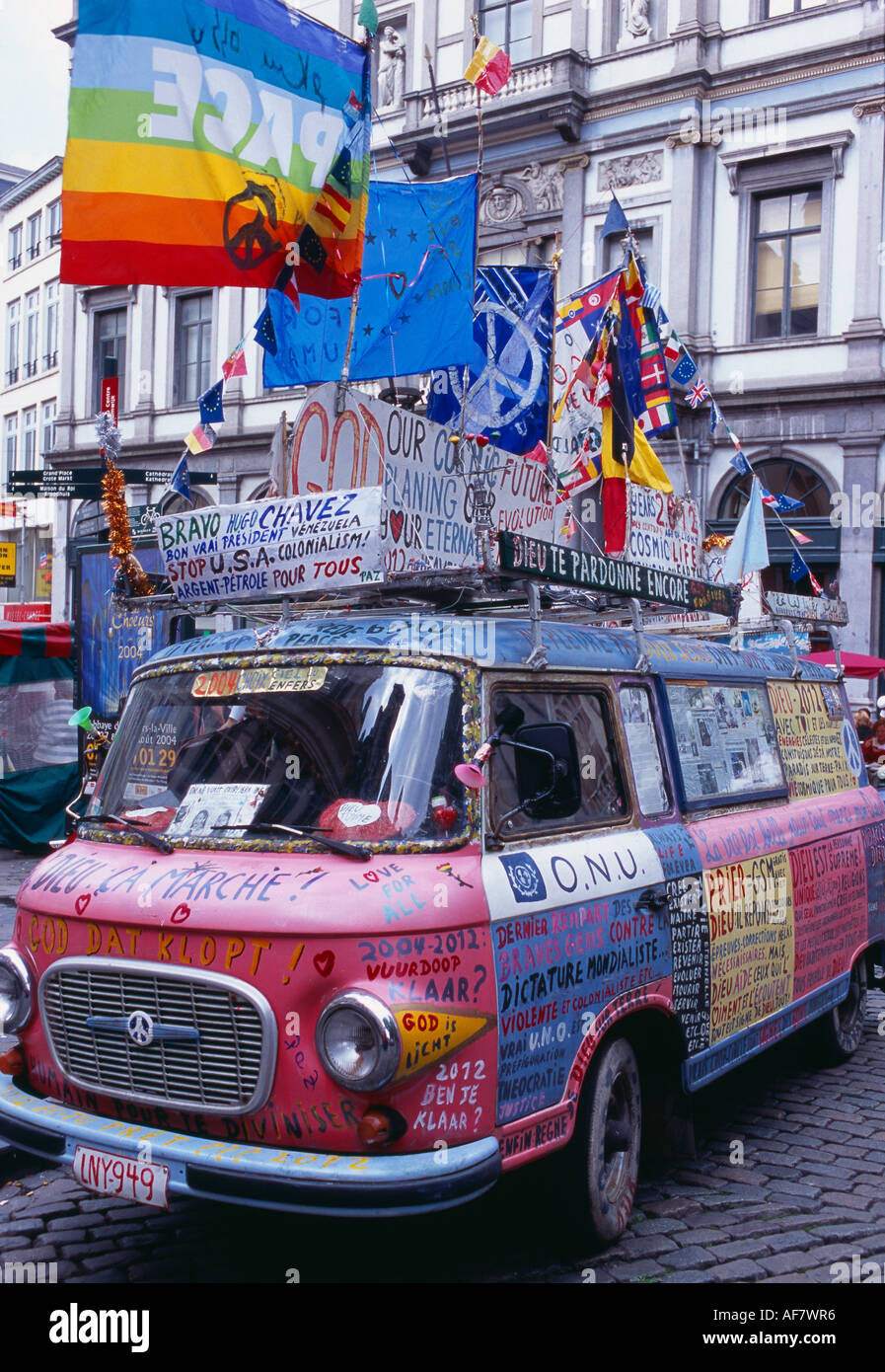protesters campervan alternative travellers VW van nr Grand Place Brussels Belgium Stock Photo