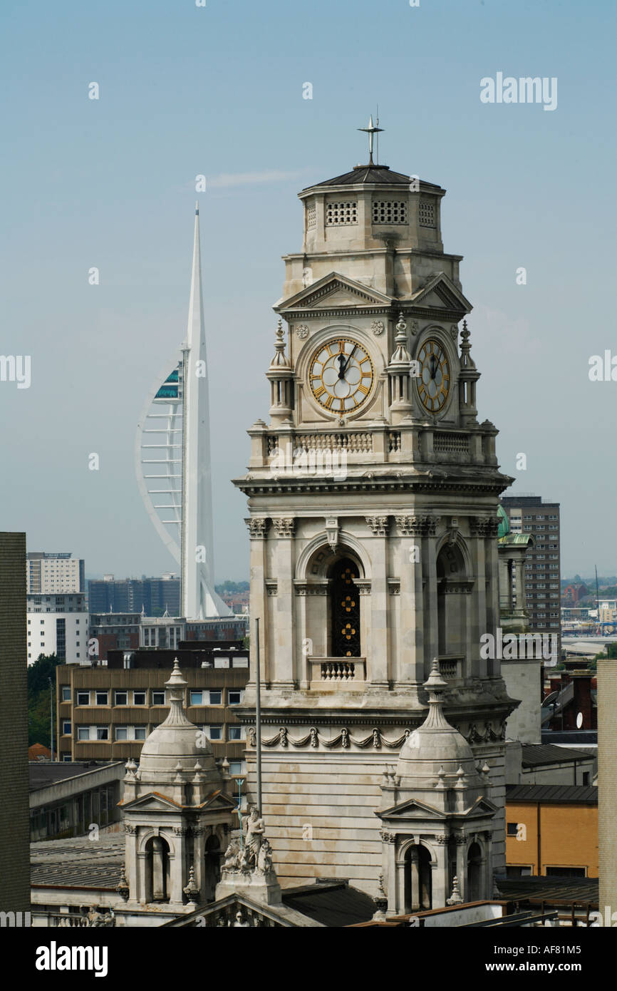 The Spinnaker Tower and the clock tower on Portsmouth Guildhall and City Council Offices which also houses the City Concert Hall Stock Photo