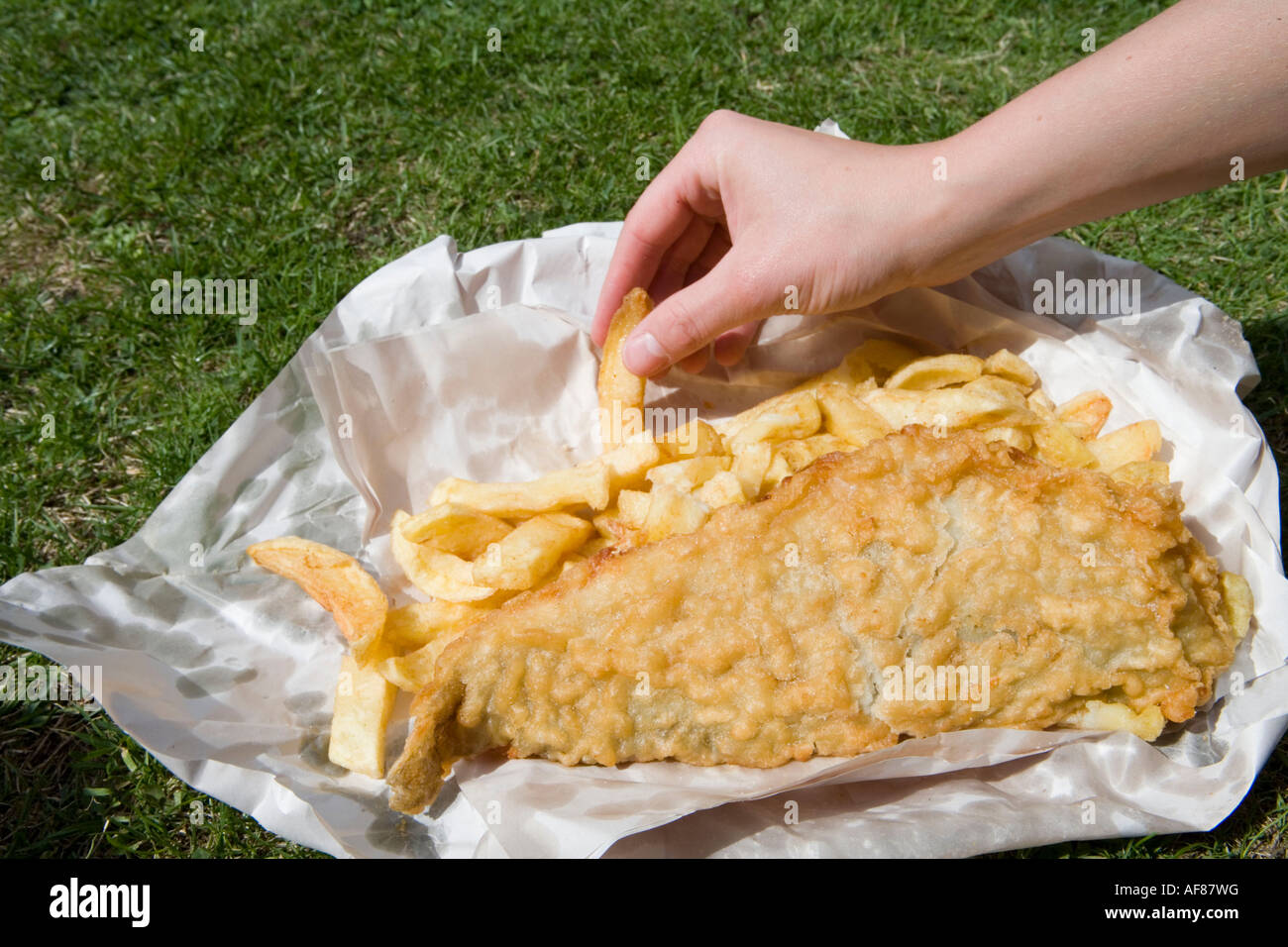 Enjoying Fish & Chips on Lawn, From Leo Burdock Fish & Chips Shop, Dublin, Ireland Stock Photo
