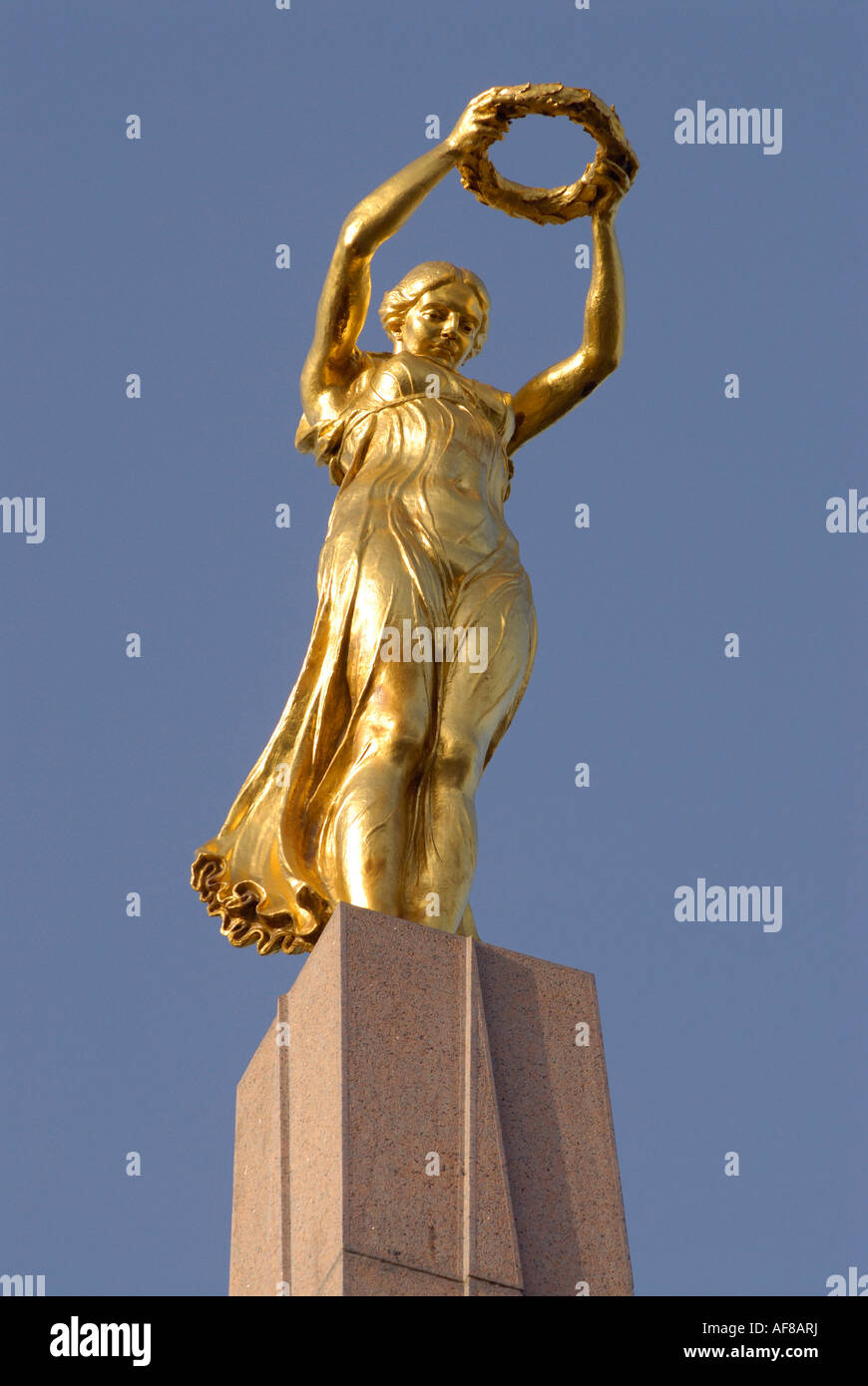View at a golden statue, Memorial Gelle Fra, Luxembourg city, Luxembourg, Europe Stock Photo