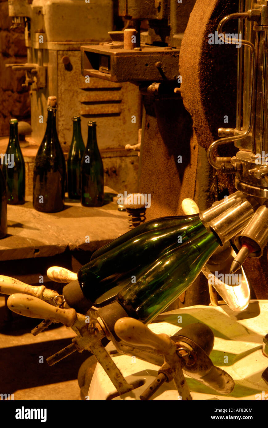 Wine bottles at wine cellars, Remich at river Moselle, Luxembourg, Europe Stock Photo