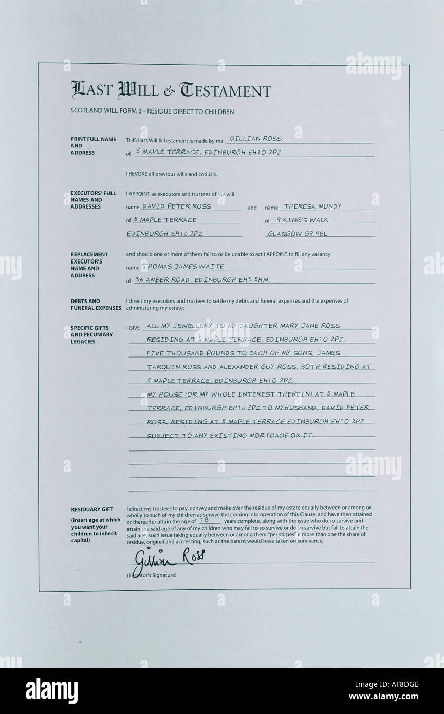 a last will and testament form stock photo - alamy