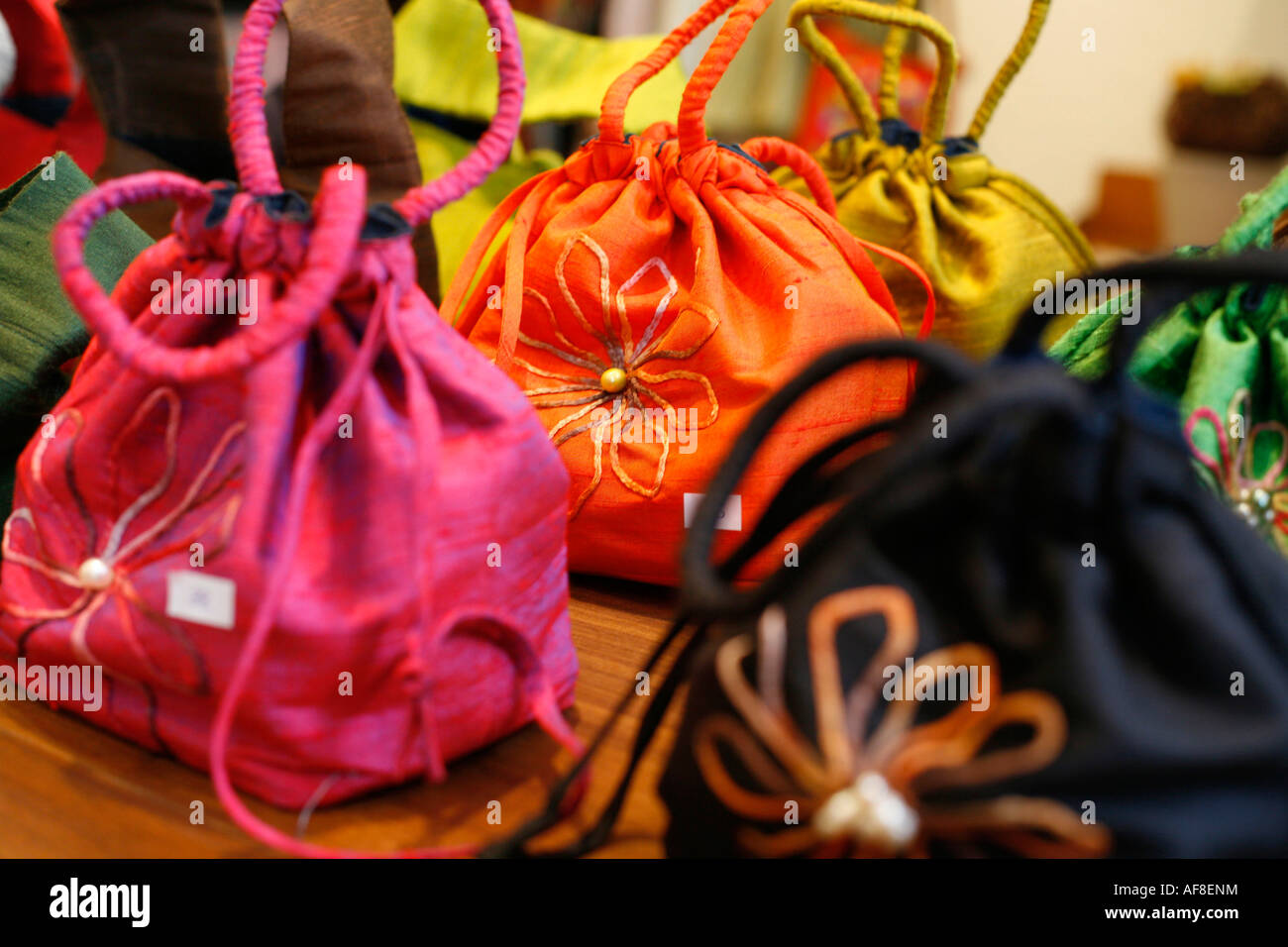 Colourful bags in a shop, Simply Home Furnishings, Washington DC, United States, USA Stock Photo