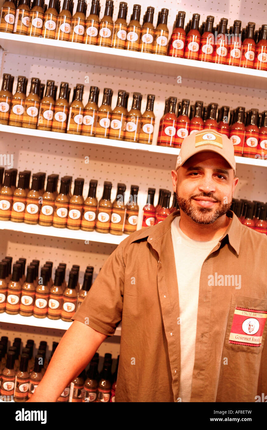 Man selling Tabasco, Uncle Bruthas Hot Sauce Emporium, Washington DC