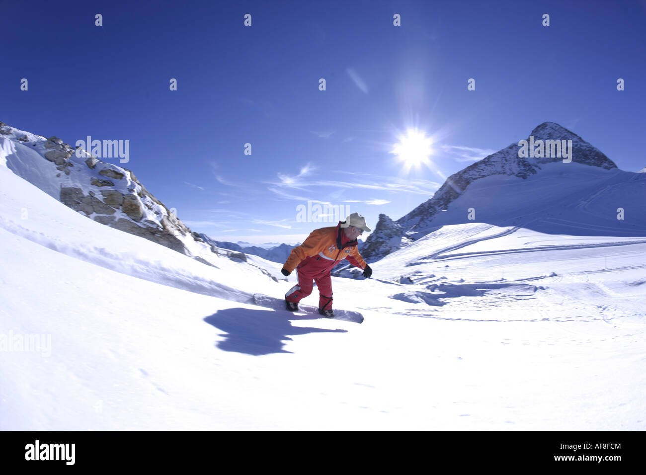 Snowboard instructor giving snowboard lessons, Hintertux Glacier, Tyrol, Austria Stock Photo