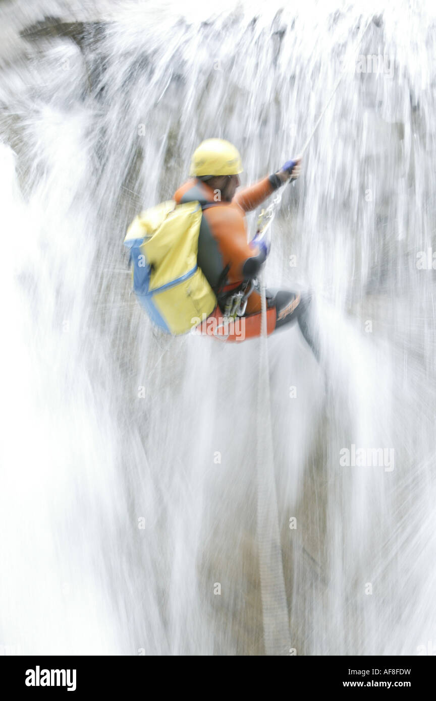 A man abseiling whilst canyoning, Hachleschlucht, Haiming, Tyrol, Austria Stock Photo