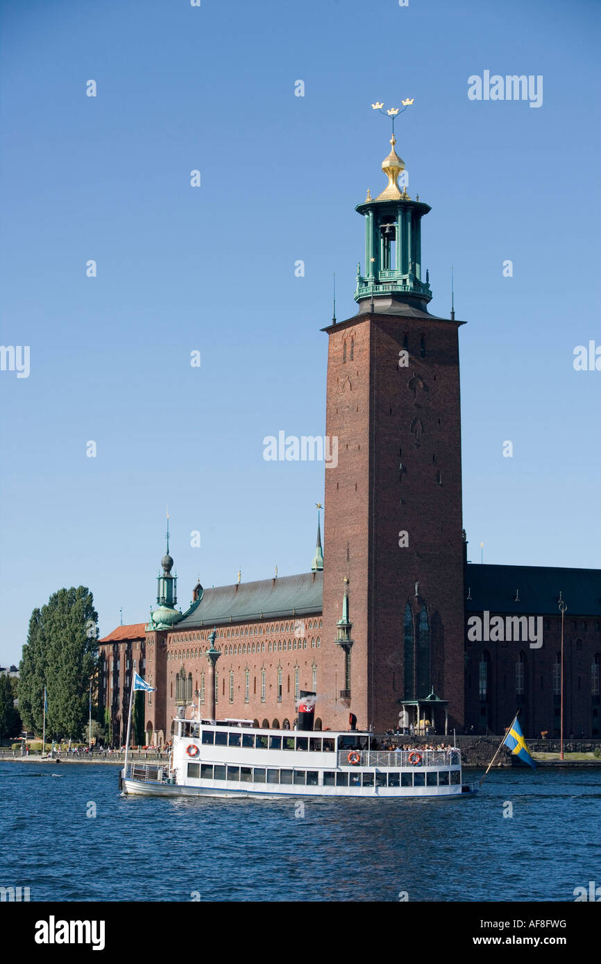 Sightseeing Steam Boat and Stadshuset City Hall, Stockholm, Sweden Stock Photo