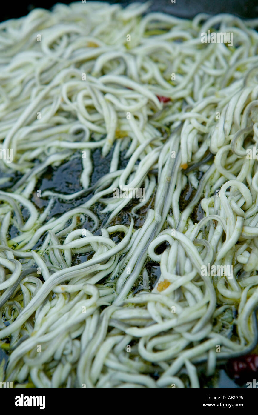 Angulas (baby eels or elvers) frying in pan for pintxos Plaza Arenal Bilbao  Pais Vasco Basque Country Spain Stock Photo - Alamy