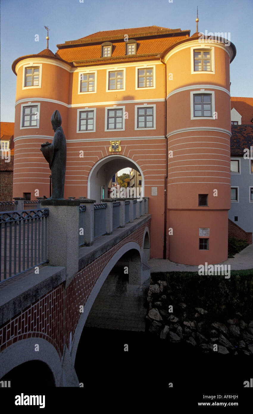 View at bridge and gate Rieder Tor, Donauwoerth, Bavaria, Germany, Europe Stock Photo