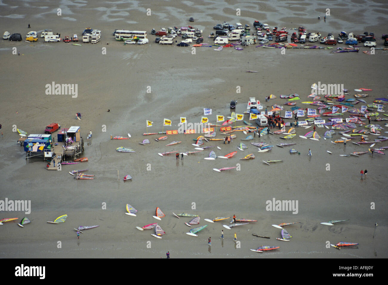 aerial photo of windsurfers, St Peter Ording, Wadden Sea, German Bight, North Sea, Schleswig Holstein, northern Germany Stock Photo