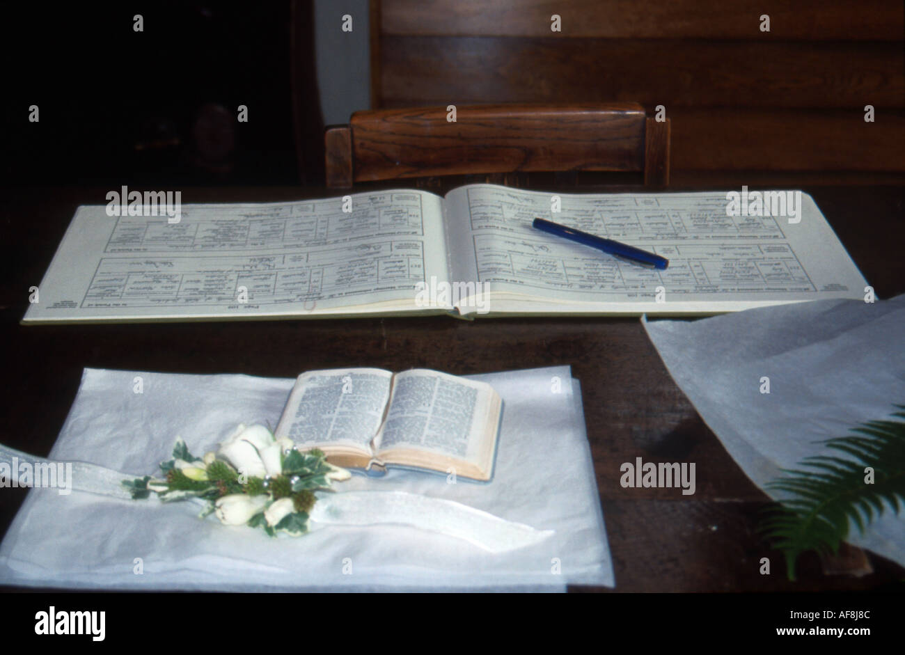 Marriage register and book of common prayer St Andrew s Church Kildwick North Yorkshire UK Stock Photo