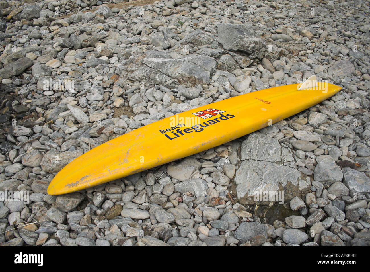 Lifeguard Surfboard on beach, Chapel Porth, North Cornwall, 2006 Stock Photo