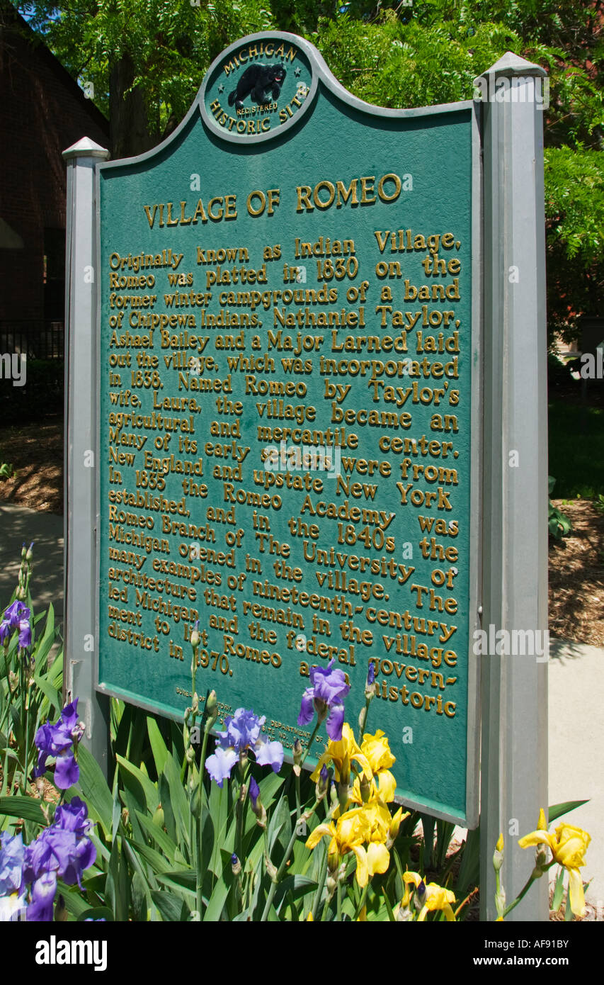 Michigan Village of Romeo Historical Site Sign Stock Photo Alamy