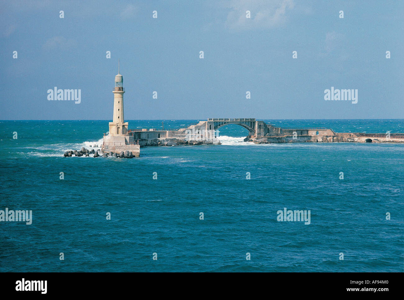 View of the Harbour and lighthouse from the Montaza Palace Hotel Alexandria Egypt Stock Photo