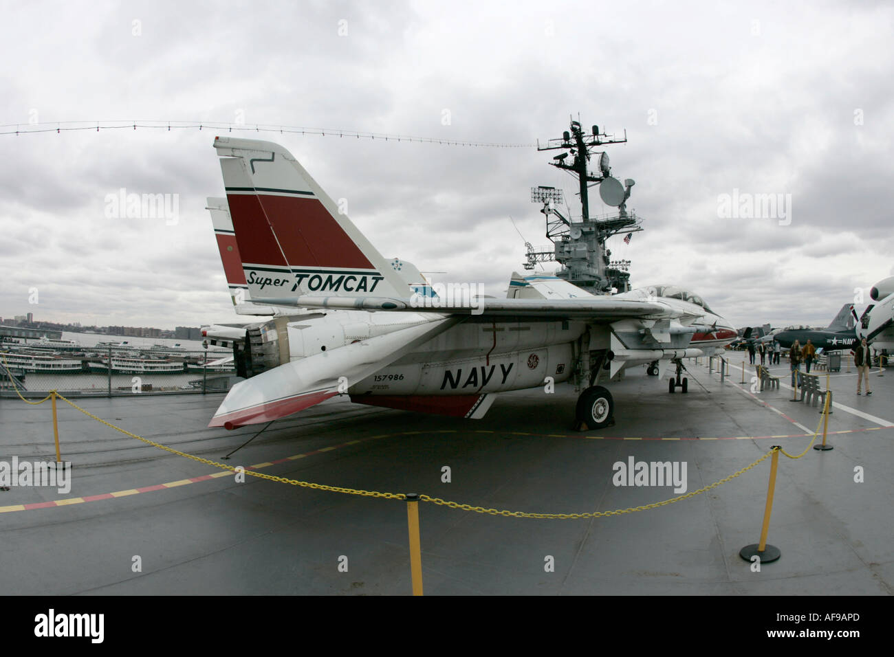 fisheye shot of Grumman F 14 on the flight deck of the USS Intrepid at the Intrepid Sea Air Space Museum Stock Photo