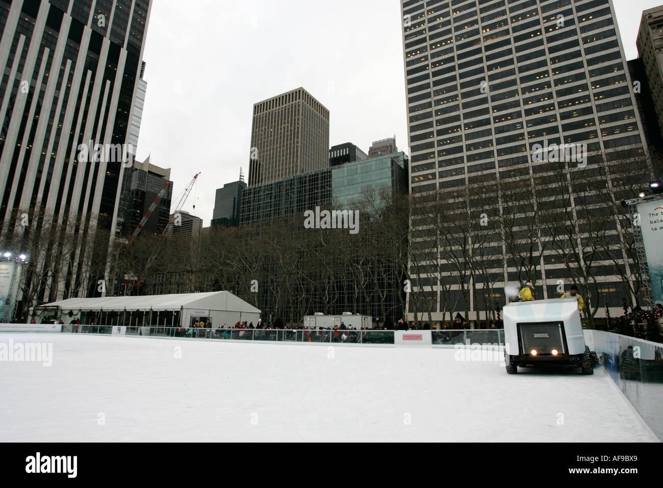 olympia zamboni ice clearer clearing the ice at Bryant Park ice skating