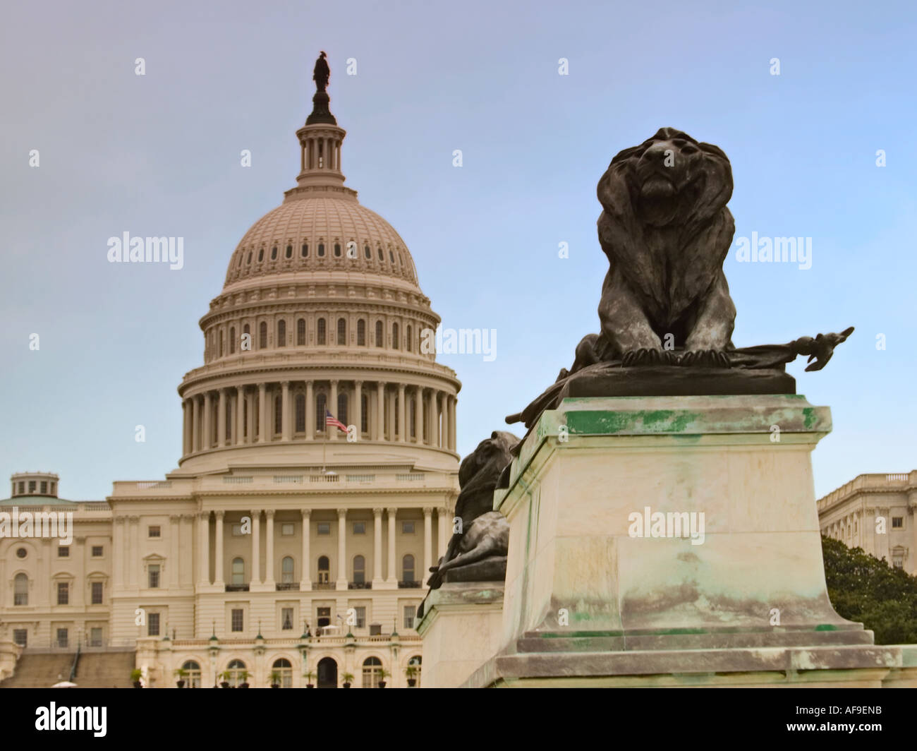 Lion statue in front of US Capitol Building, Washington DC Stock Photo