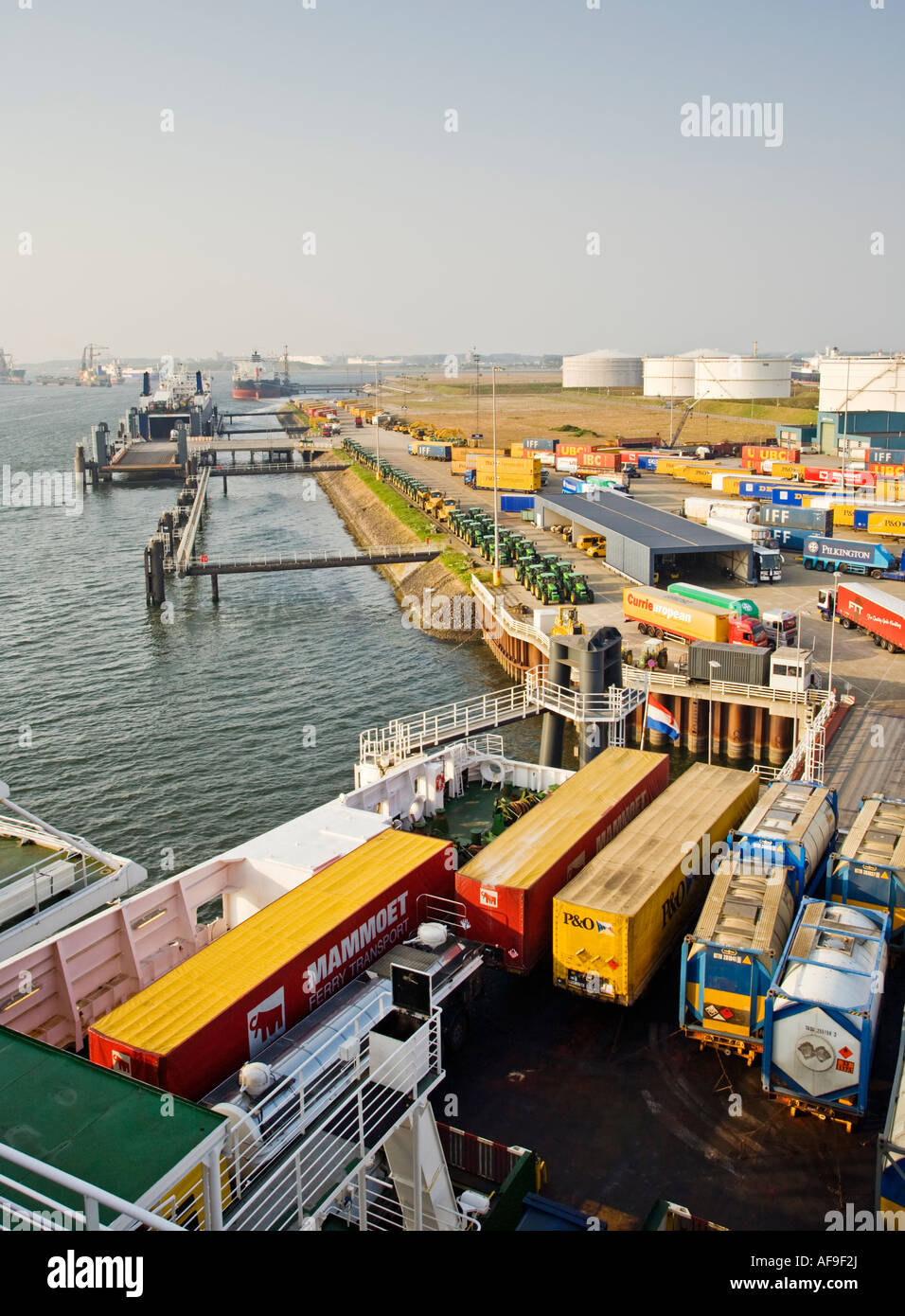 Europoort port in Rotterdam, Netherlands, Europe with lorries boarding a ferry Stock Photo