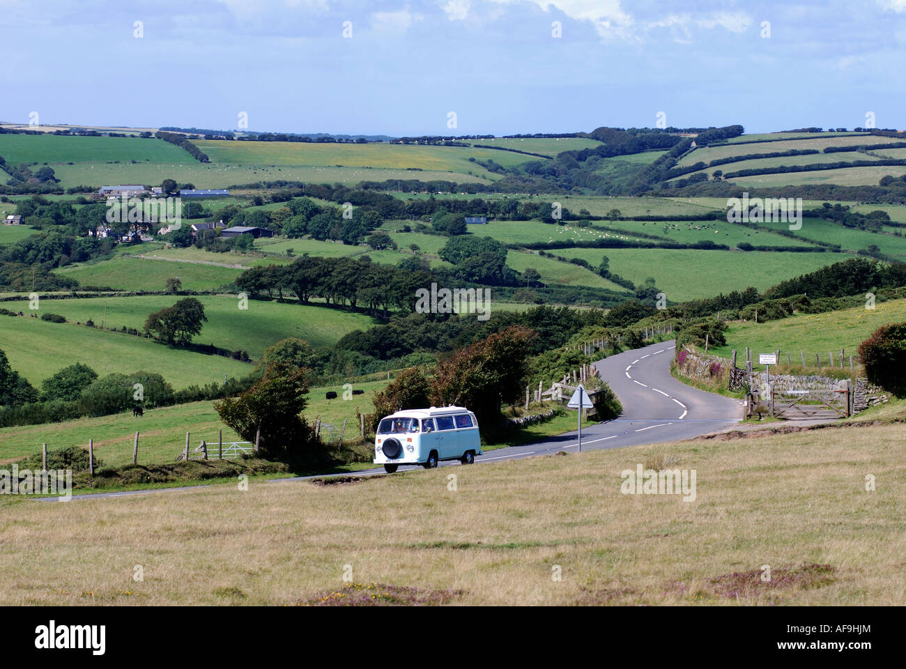 Volkswagen Caravanette crossing Exmoor at Brendon Common, Devon, England, UK Stock Photo