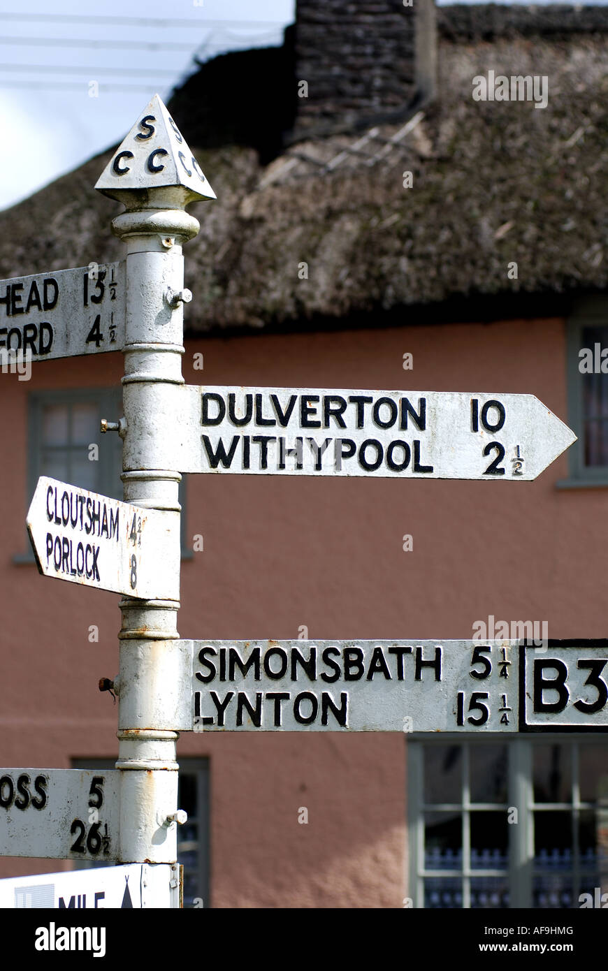 Exmoor signpost in Exford village, Somerset, England, UK Stock Photo