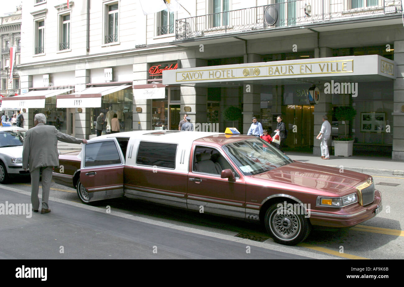 Stretch Limousine in front of Savoy Hotel in Zurich,Switzerland Stock Photo